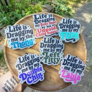 May include: Six glittery, cloud-shaped ornaments featuring the phrase 'Life is Dragging' followed by various humorous text: 'me by the Thong', 'my Baby Daddy by his Unpaid Child Support', 'me by my FUPA', 'me by my Left Titty', 'me by my Double Chin', and 'me by my Labia'.