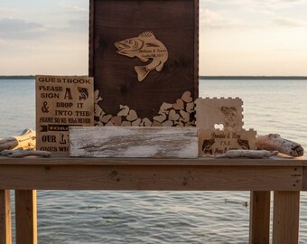 Wedding Guest Book Alternative: Personalized Drop Box, Rustic Heart Theme, Red Fish theme