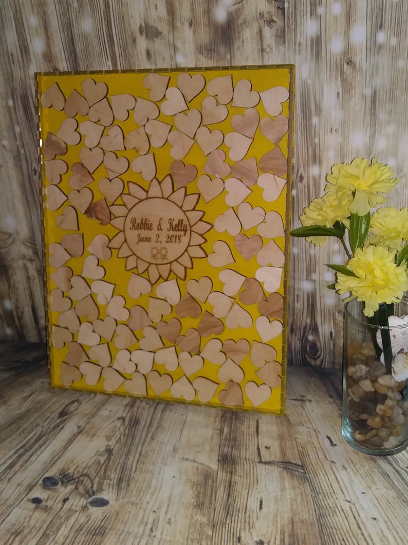 Wedding guest book alternative,Wedding guestbook,Guest book hearts,Rustic Wedding guest book,Drop box Guest Book Sunflower guest book