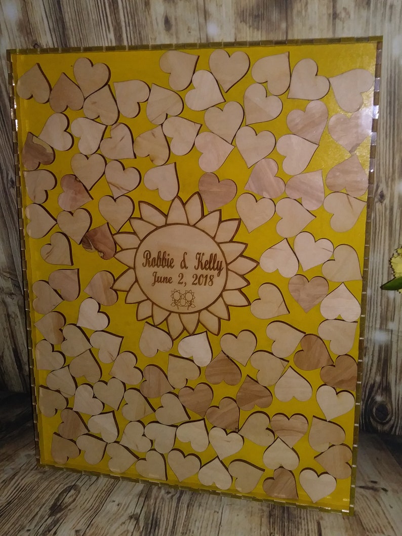 Wedding guest book alternative,Wedding guestbook,Guest book hearts,Rustic Wedding guest book,Drop box Guest Book Sunflower guest book