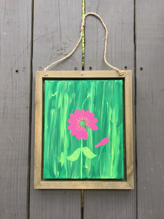 Inside Rustic Pallet Hanging Frame 10 in x 10 in x 12 in. Fallen Petal  Abstract Acrylic Flower Painting 8 in