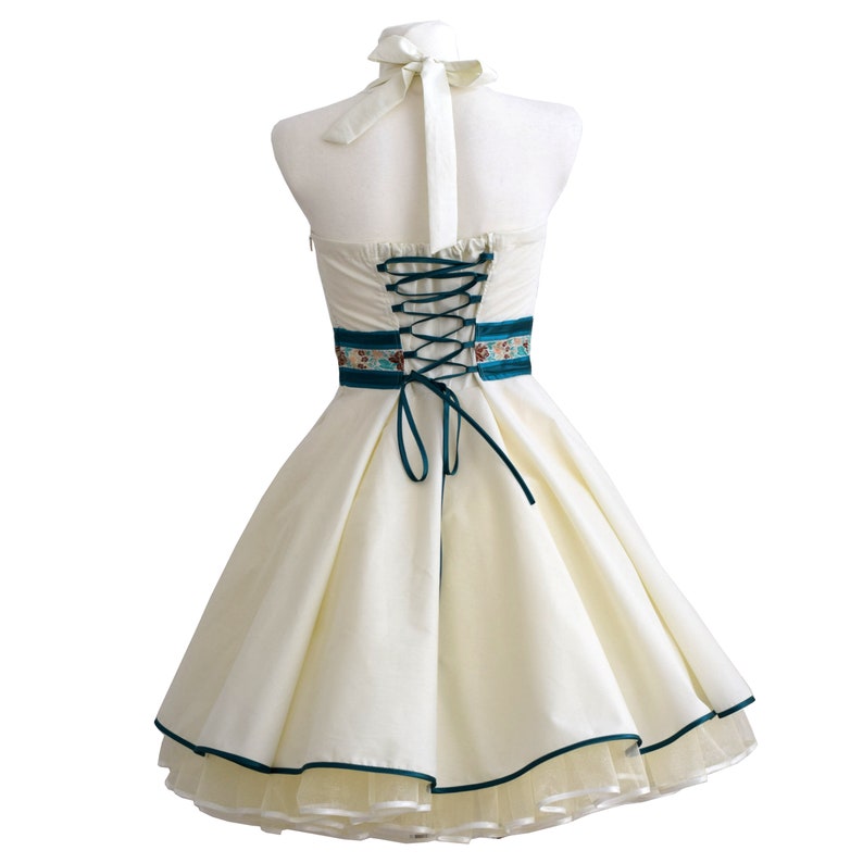 Rockabilly wedding dress in cream with petrol satin made to fit