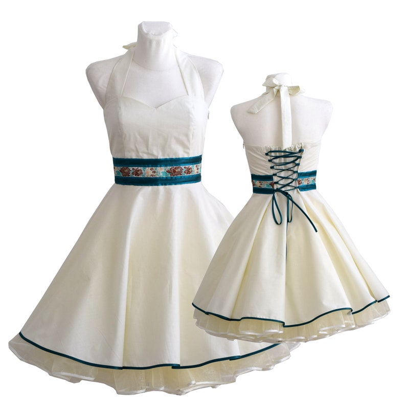 Rockabilly wedding dress in cream with petrol satin made to fit