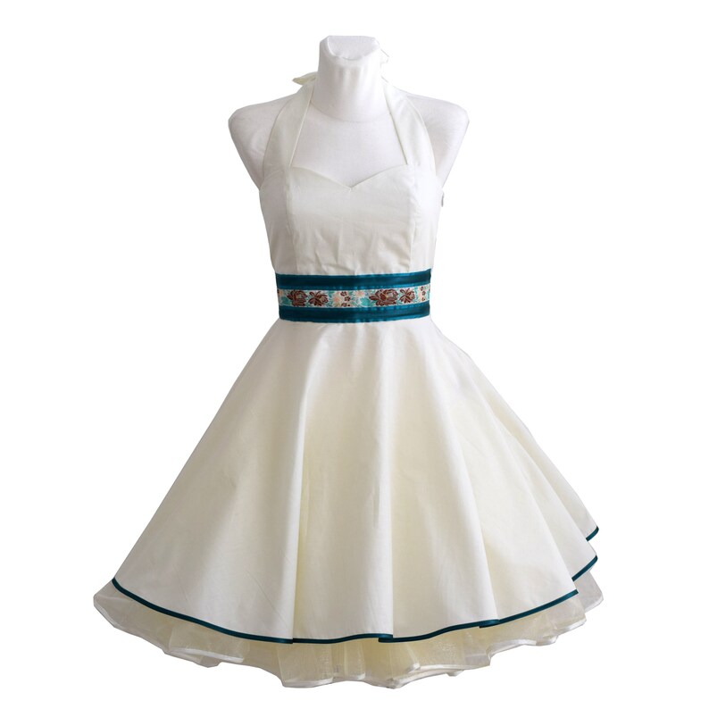Rockabilly wedding dress in cream with petrol satin made to fit