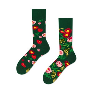 Green flower socks from MANY MORNINGS, women's socks, men's socks, mismatched socks, colorful socks, gift for women, gift for men