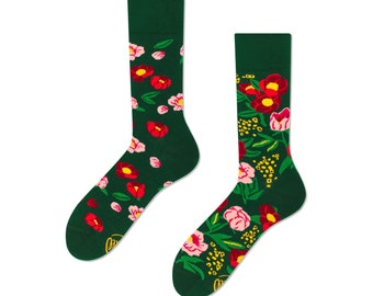 Green flower socks from MANY MORNINGS, women's socks, men's socks, mismatched socks, colorful socks, gift for women, gift for men