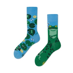 May include: A pair of blue and green socks with a frog and lily pad design. The socks feature a green frog with a red tongue and a blue fly on the right sock. The left sock has a blue background with green lily pads and frogs.