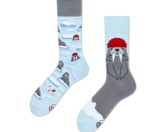 Walrus socks from MANY MORNINGS, women's socks, men's socks, mismatched socks, colorful socks, gift for women, gift for men