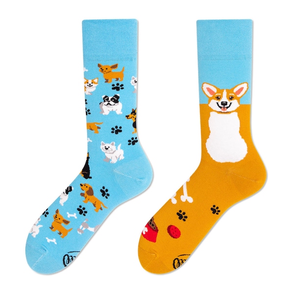 Corgi socks from MANY MORNINGS, women's socks, men's socks, mismatched socks, colorful socks, gift for women, gift for men