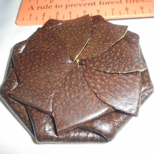Dark Brown Flecked Handmade Genuine Leather Pinwheel Pull or Squeeze Vintage Style Petal Coin Purse