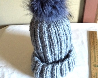 Hand Knit Soft  Chunky Yarn Beanie Hat Slouchy Hat Gray with Gray Faux Fur Pompom  Free Shipping