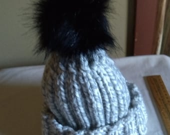 Slouchy Hat Beanie Hat Chunky Yarn Hand Knit White and Gray with Black Faux Fur Pompom FREE Shipping