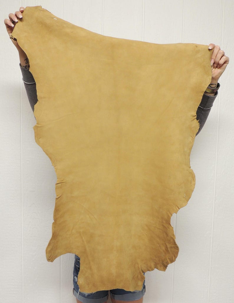 May include: A large, irregularly shaped piece of golden-tan leather hide with a smooth, matte finish. The material features natural edges and a consistent, warm yellow-brown color throughout the entire surface of the hide.