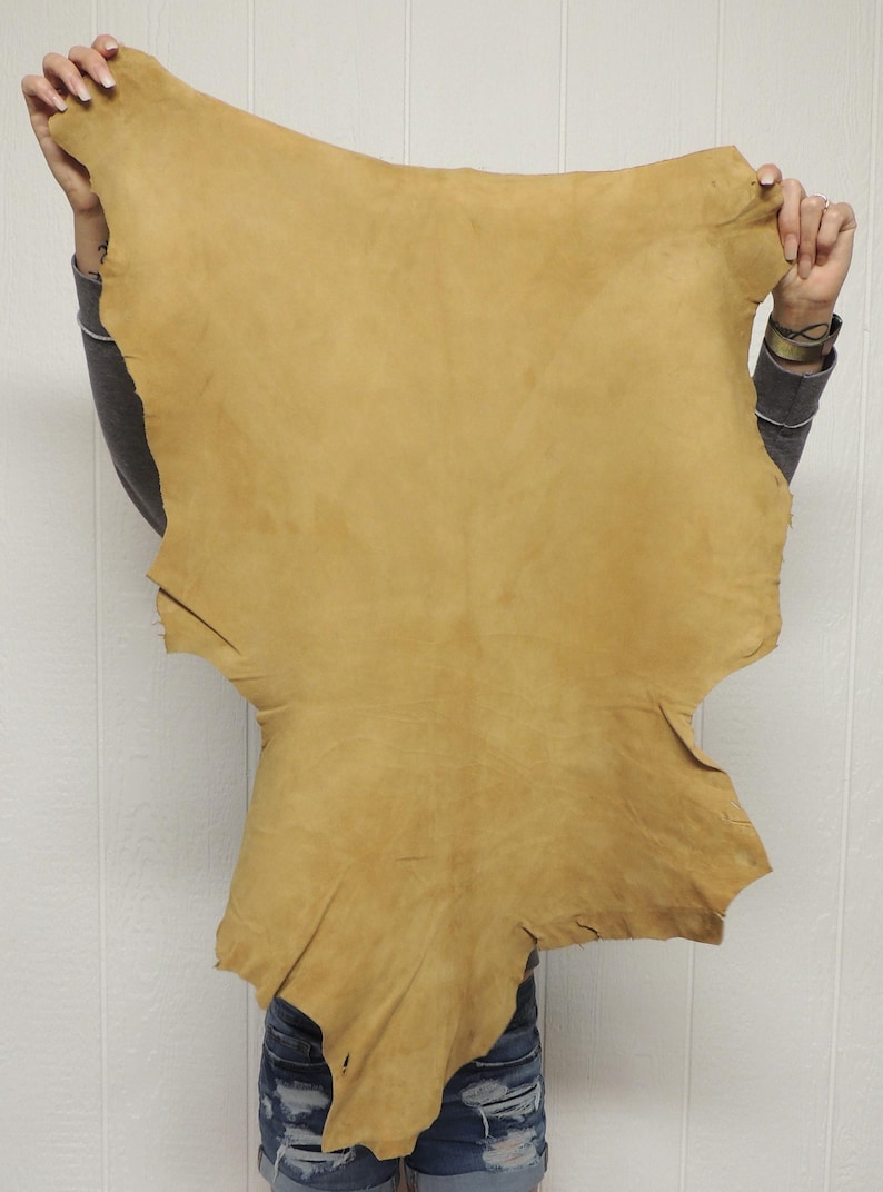 May include: A large, irregularly shaped piece of tan-colored leather hide with a smooth, matte finish. The hide features natural edges and a consistent light brown tone across its entire surface, displaying the organic texture of the material.