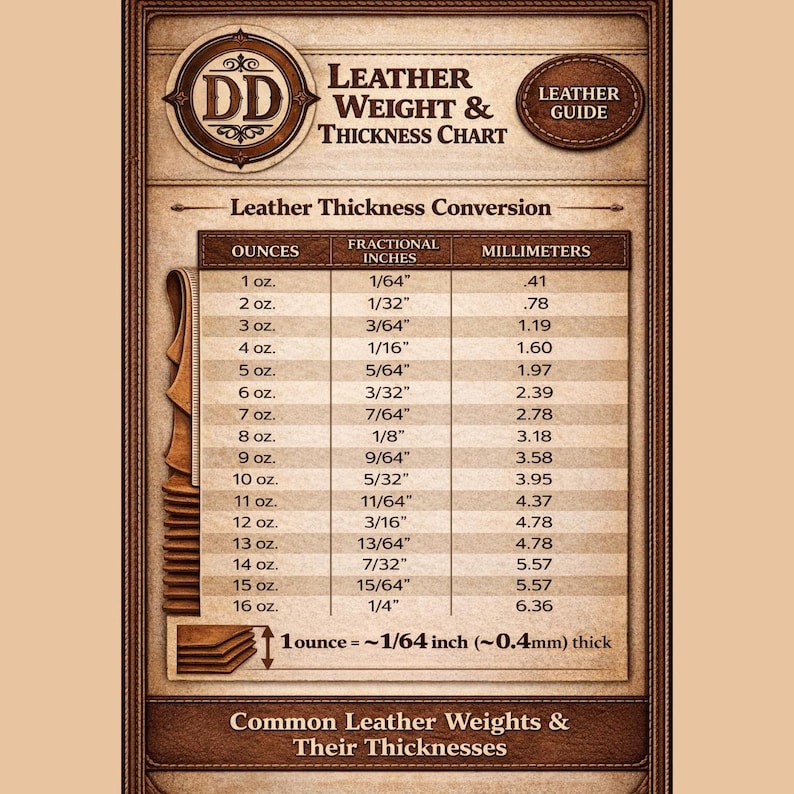 May include: A leather weight and thickness chart with a vintage design. The chart includes conversions for ounces, fractional inches, and millimeters. The text reads "1 ounce = ~1/64 inch (~0.4mm) thick".