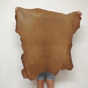 May include: A large, irregular piece of medium brown leather hide with a smooth, matte finish. The material features natural edges and a consistent tan coloration across the entire surface, displaying the organic shape of the animal skin.