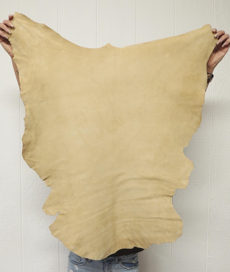 May include: A large, irregularly shaped piece of tan leather is held up against a white background. The leather has a soft, suede-like texture and a natural, organic shape. The edges are uneven, suggesting it is a hide.