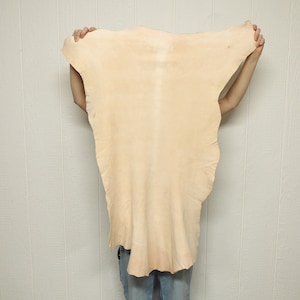 May include: A large, light peach-colored piece of leather being held up by a person's hands. The leather is smooth and appears to be soft.