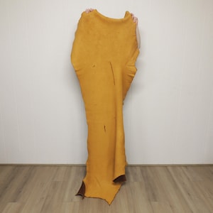 May include: A large, tanned leather hide, held up against a white wall. The hide is a warm, golden-yellow color with darker brown edges and some natural markings. The leather appears to be supple and of good quality, suitable for crafting.