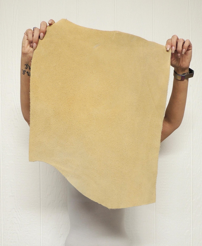 May include: A large piece of tan-colored suede leather is held up against a white background. The leather has a soft, textured surface and irregular edges. The person holding the leather is wearing a watch.