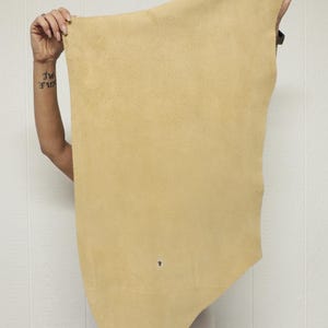 May include: A piece of tan-colored leather is held up against a white background. The leather has a slightly irregular shape and a visible texture. A small hole is present near the bottom. The leather is being held up by a person.