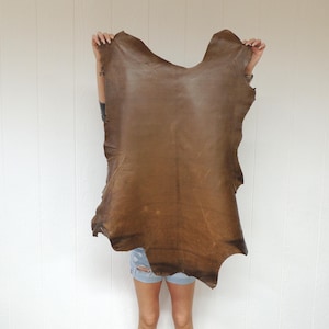 May include: A large, irregularly shaped piece of brown leather is held up against a white background. The leather has a natural, organic shape with varying shades of brown and some darker areas.
