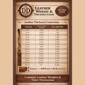 May include: A brown and beige leather weight and thickness chart featuring a table with columns for ounces, fractional inches, and millimeters. The text includes Leather Weight & Thickness Chart, Leather Guide, and conversion data.