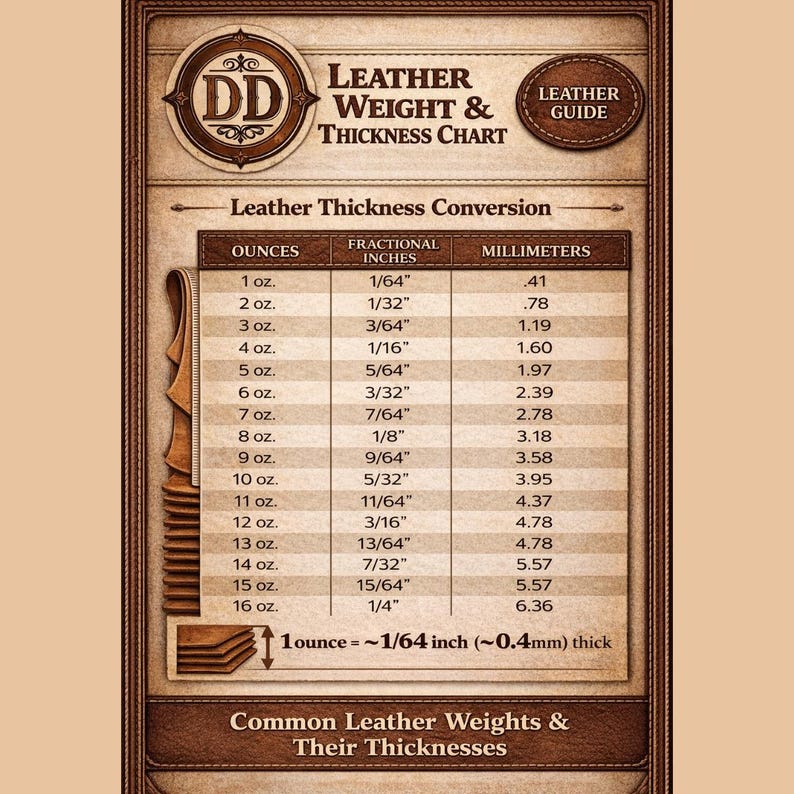 May include: A brown and beige leather weight and thickness chart featuring a table with columns for ounces, fractional inches, and millimeters. The text includes Leather Weight & Thickness Chart, Leather Guide, and conversion data.