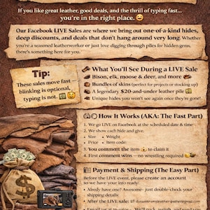 May include: Promotional graphic for Facebook Live leather sales. The image features text on a parchment-like background, with information on how the sales work, what to expect, and payment details. Includes a money bag.