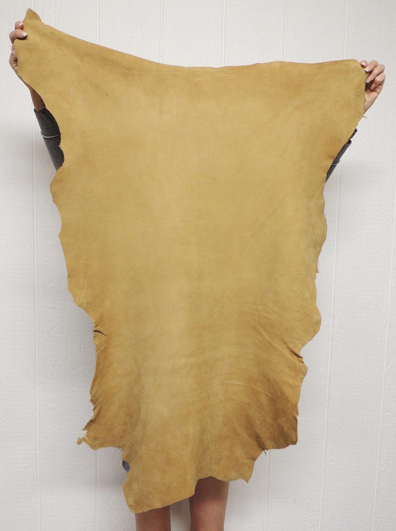 May include: A large, irregularly shaped piece of tan-colored leather hide with a smooth, matte finish. The hide features natural variations in tone and texture across its surface, with raw, uneven edges characteristic of a natural animal skin.