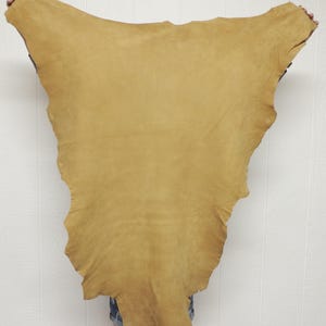 May include: A large, irregularly shaped piece of tan-colored leather hide with a smooth, matte surface texture. The hide features natural, organic edges and a consistent, warm golden-brown tone across its entire surface area.