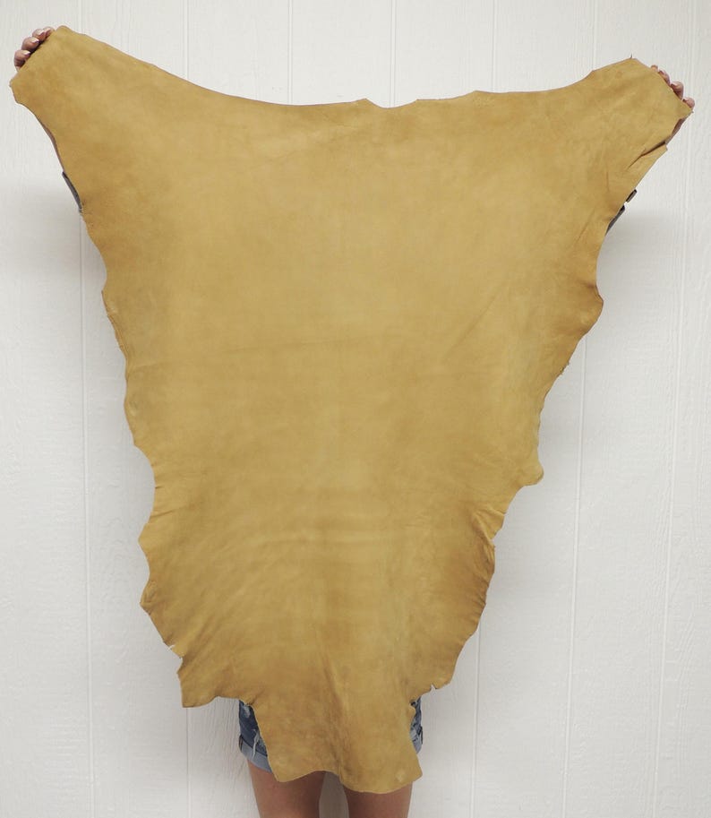 May include: A large, irregularly shaped piece of tan-colored leather hide with a smooth, matte surface texture. The hide features natural, organic edges and a consistent, warm golden-brown tone across its entire surface area.