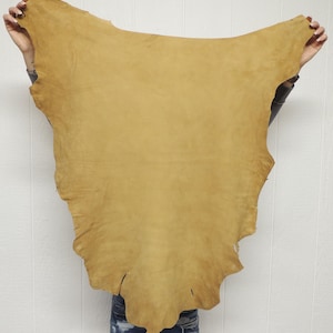 May include: A large, irregularly shaped piece of tan-colored leather hide with a smooth, matte finish. The hide features natural edges and a consistent, warm golden-brown tone across its entire surface, displaying a soft, pliable texture.
