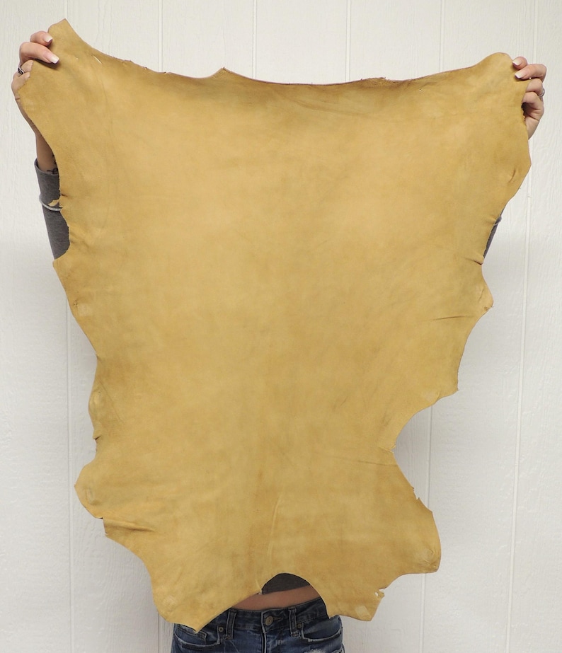 May include: A large, irregularly shaped piece of tan-colored leather hide with a smooth, matte surface. The material features natural variations in tone and texture across its surface, displaying an organic, raw edge profile throughout.