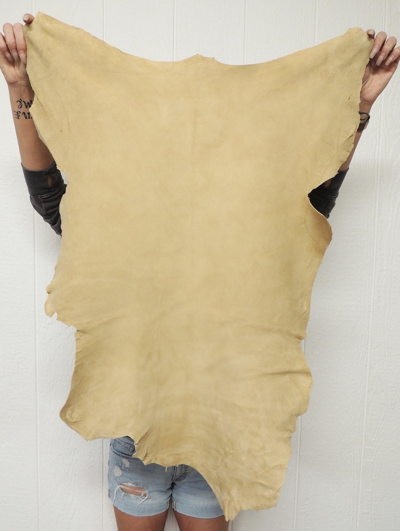 May include: A large, irregularly shaped piece of tan-colored leather. The leather has a natural, unfinished appearance with visible texture and variations in color. The edges are uneven, suggesting it is a hide. The leather is being held up against a white background.