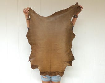 May include: A large, irregularly shaped piece of tanned leather in shades of brown. The leather is held up against a white background, showcasing its natural texture and color variations. The edges are uneven, suggesting a raw, unfinished state.