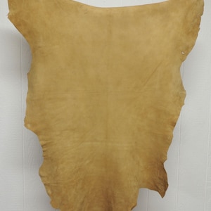 May include: A large, irregularly shaped piece of tan-colored leather hide with a smooth, matte surface. The material features natural variations in tone and texture across its surface, with raw, uneven edges along the entire perimeter.
