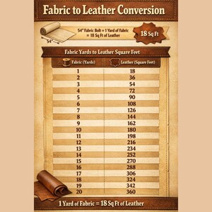 May include: A conversion chart titled "Fabric to Leather Conversion" with a tan background. The chart includes a table showing fabric yards to leather square feet, with a conversion of 1 yard of fabric equaling 18 square feet of leather. The text "18 Sq Ft" is also displayed.