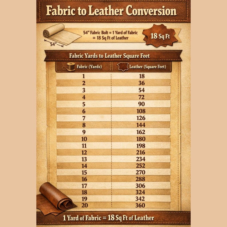 May include: A conversion chart titled "Fabric to Leather Conversion" with a tan background. The chart includes a table showing fabric yards to leather square feet, with a conversion of 1 yard of fabric equaling 18 square feet of leather. The text "18 Sq Ft" is also displayed.