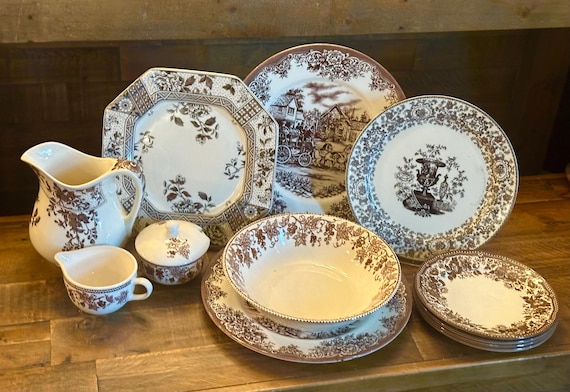 Brown Transferware Ironstone Dishes Plate Pitcher Bowl Cream Sugar Two’s Company Clayton Staffordshire China Dinnerware