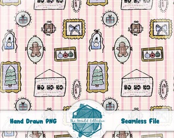 May include: A seamless pattern featuring Christmas-themed illustrations on a pink striped background. The design includes framed Christmas trees, gingerbread men, gift boxes, and signs that read "HO HO HO". The words "Hand Drawn PNG" and "Seamless File" are also visible.