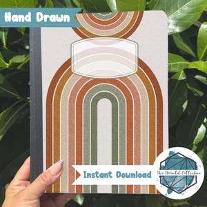 Pode incluir: Um caderno com um design de arco-íris retrô em tons de marrom, laranja e verde. As palavras "Hand Drawn" e "Instant Download" são visíveis. O caderno é segurado por uma pessoa.