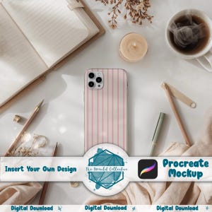 May include: A phone case with a pink striped design is the focal point of this image. The phone case is surrounded by a notebook, pens, a candle, and a cup of coffee. The text "Insert Your Own Design" and "Procreate Mockup" are also visible.