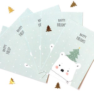 5x Cards Polar Bear with Christmas tree hat - set of five 5 - Stationary Holidays 2020 pastel new year postcard Cute Kawaii Holiday card