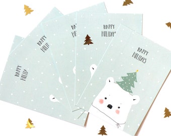 5x Cards Polar Bear with Christmas tree hat - set of five 5 - Stationary Holidays 2020 pastel new year postcard Cute Kawaii Holiday card