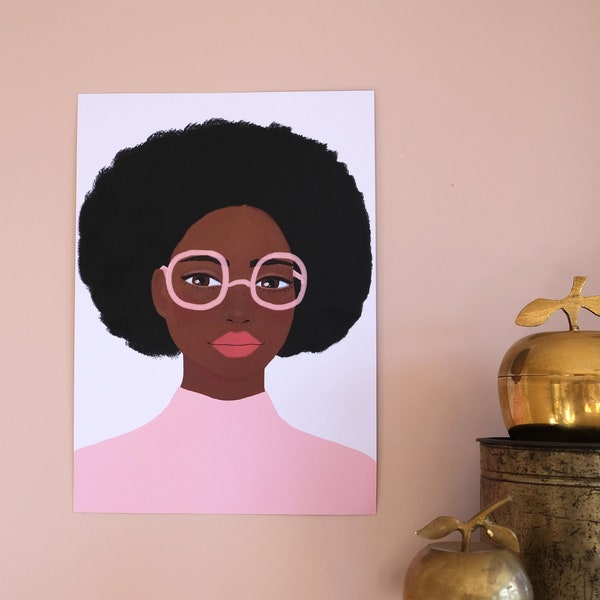 Woman with Pink Glasses - A4 Print - Original Painting Portrait Women - Face Wall Art Decoration print Artwork Modern Black Pink Poster