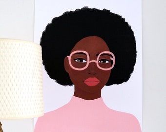 Woman with Pink Glasses - A2 Poster - Original Painting Portrait Women - Face Wall Art Decoration print Artwork Modern Black Pink Poster