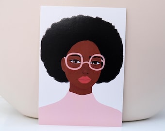 Card Pink Glasses - Card Painting Lady Woman - Stationary Postcard Face woman Wall Art Decoration Artwork print Acrylic Modern