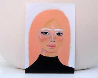 Card Peach Salmon - Card Painting Lady Woman - Stationary Postcard Face woman Wall Art Decoration Artwork print Acrylic Modern