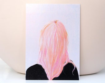 Card Pink Hair - A6 Card Painting Lady Woman - Stationary Postcard Face woman Wall Art Decoration Artwork print Acrylic Modern